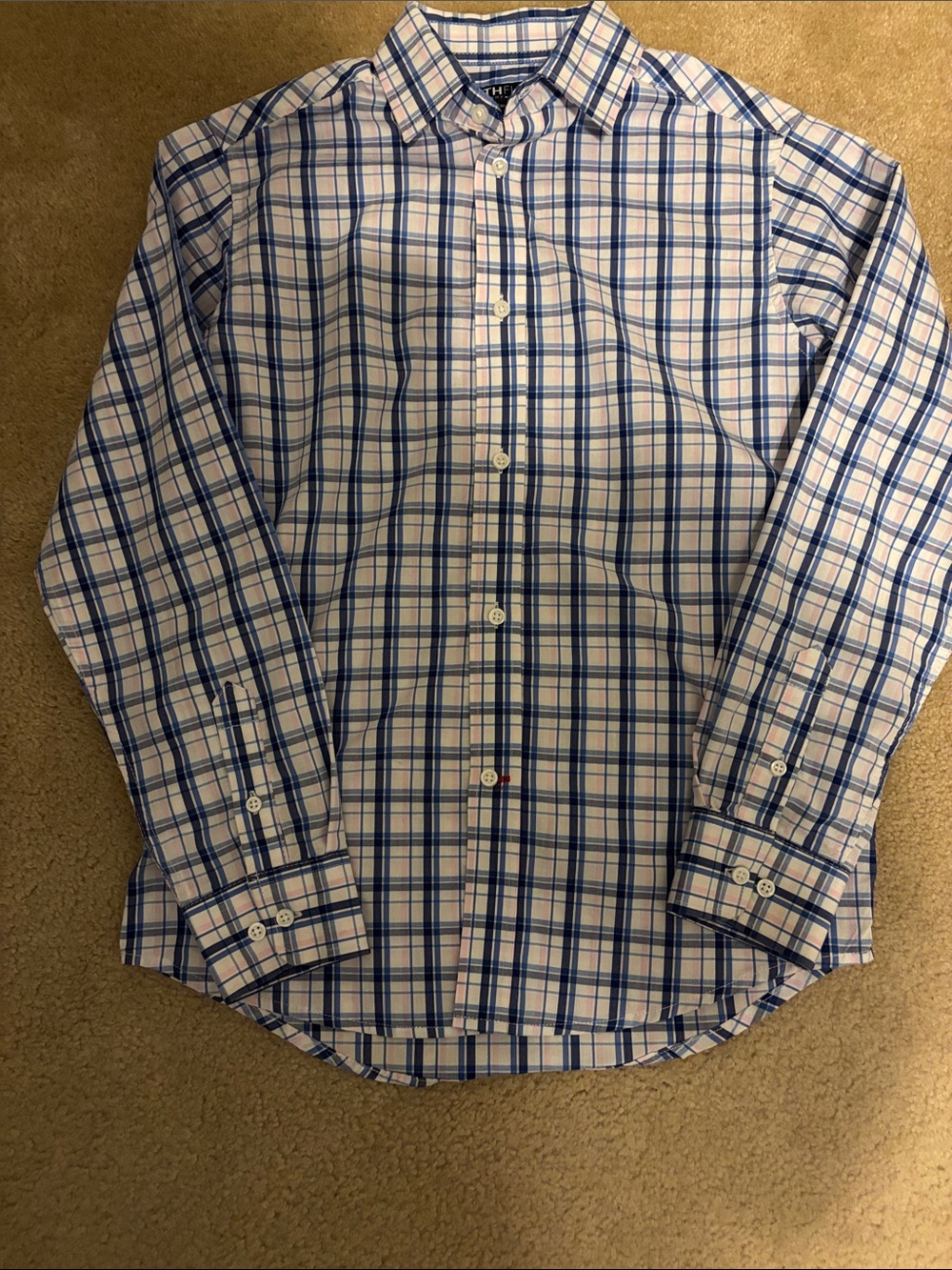 Tommy Hilfiger (THFLEX) White, Blue Plaid, and Pink Dress Shirt